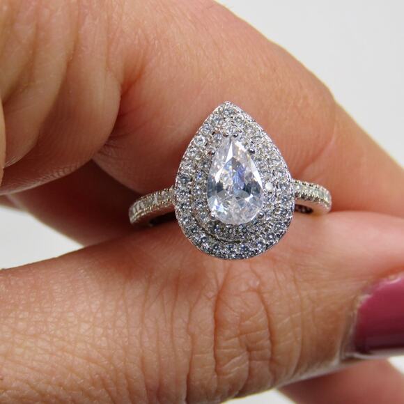 Macy's Silver Teardrop Diamond Cubic Zirconia Halo Ring S 925 Size 7 - Picture 1 of 8
